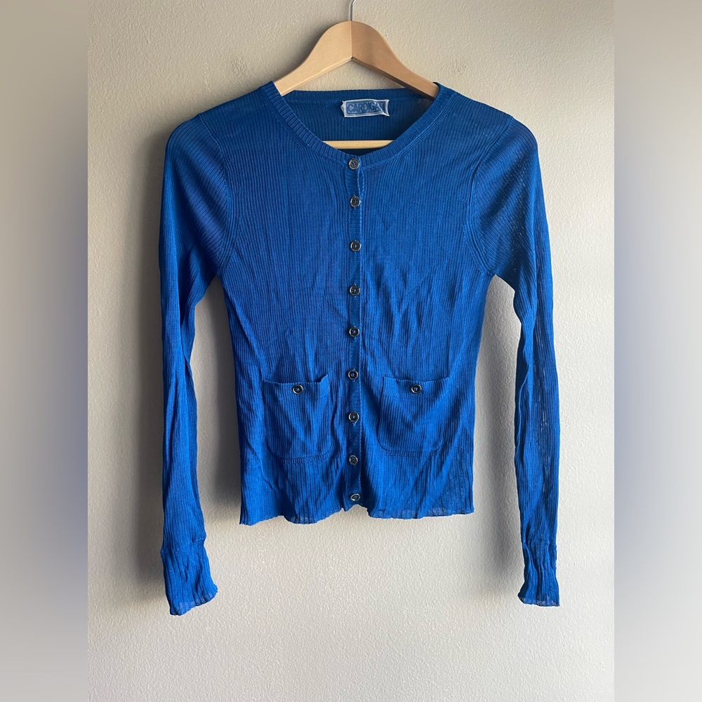 Cardigan Blue Women Button Up Blouse Top Size Small